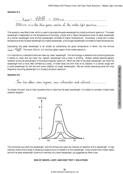 VCE Physics 1&2 Topic Tests by ATAR Notes showing a solution page with formulas, text, and a black body radiation graph.