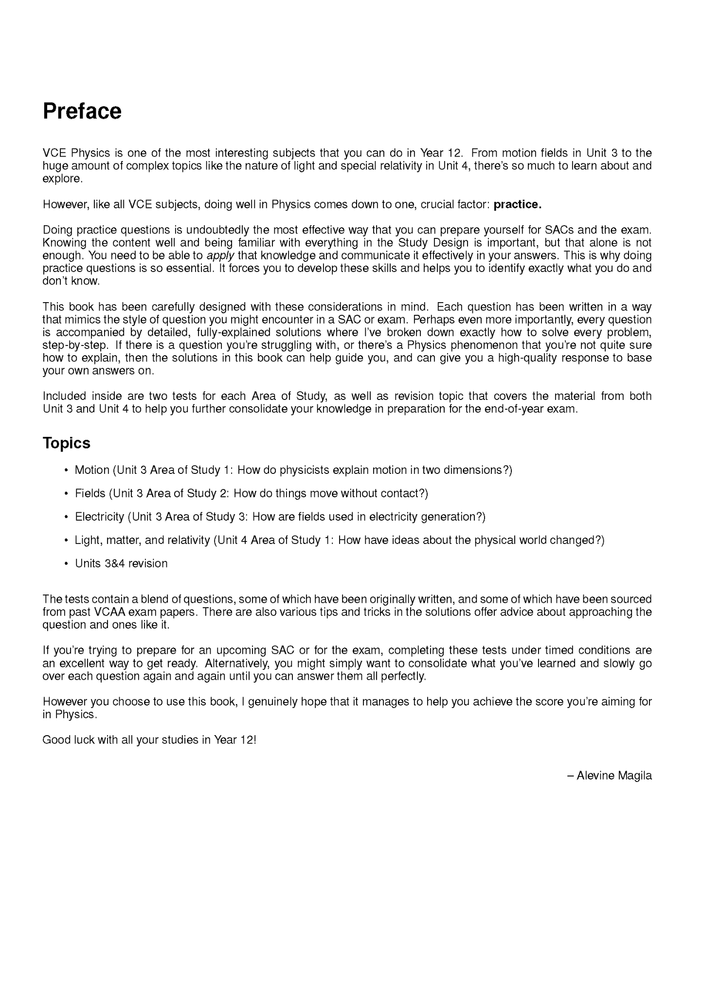 VCE Physics topic test book by ATAR Notes, featuring the 'Preface' page with descriptive text.