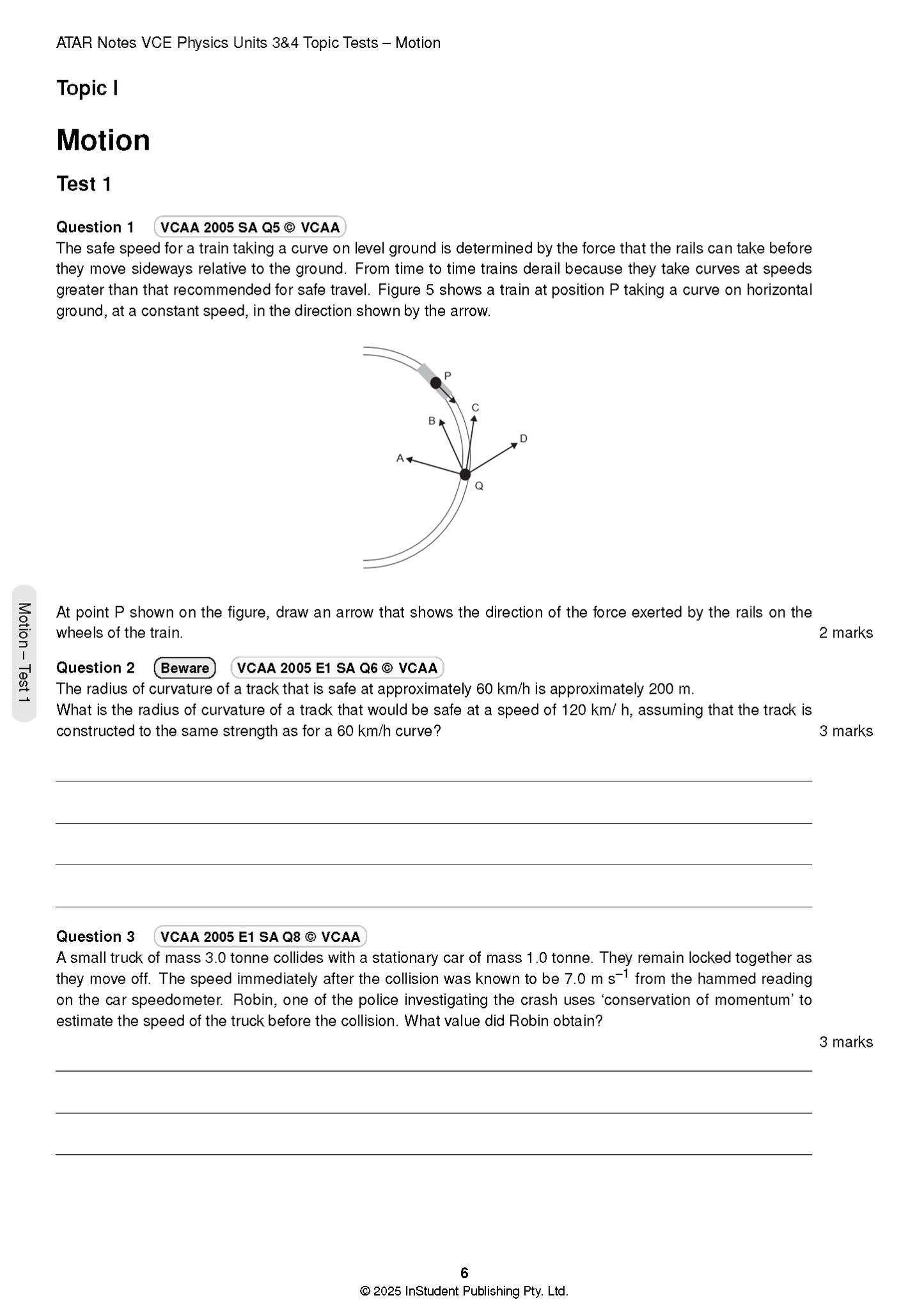 Physics Topic Tests by ATAR Notes, a white test page with black text, motion diagrams, and questions.