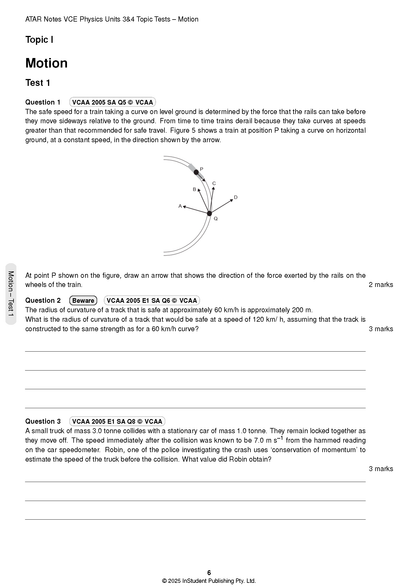 Physics Topic Tests by ATAR Notes, a white test page with black text, motion diagrams, and questions.