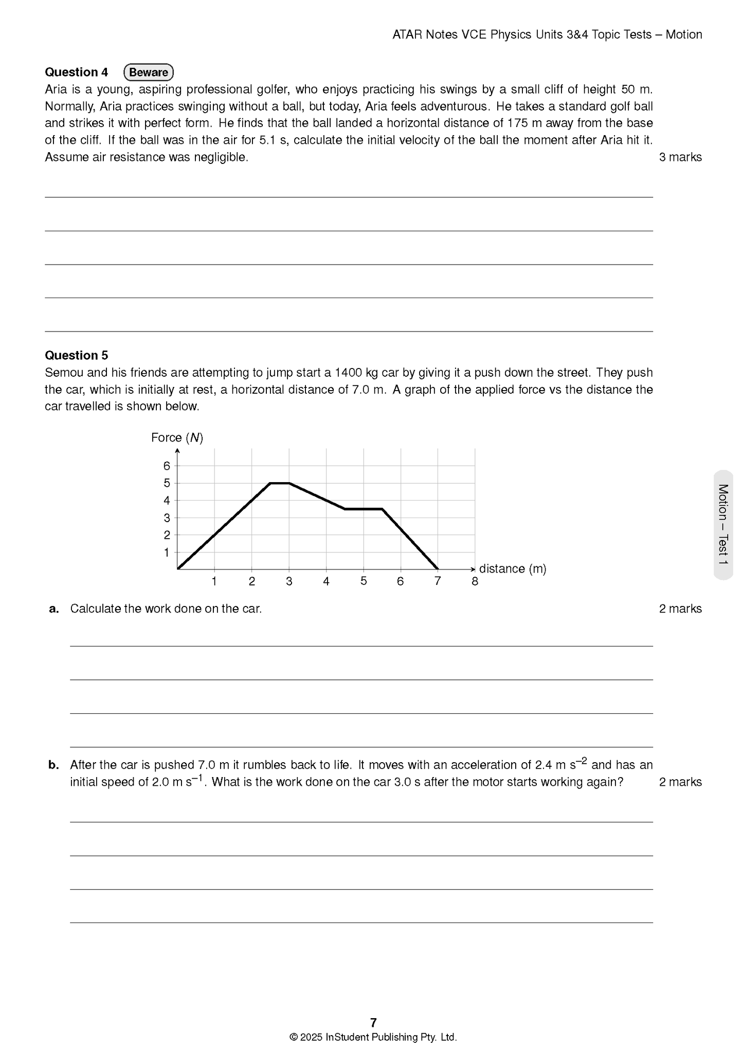 Physics Topic Tests page by ATAR Notes with projectile motion problem and force-distance graph.