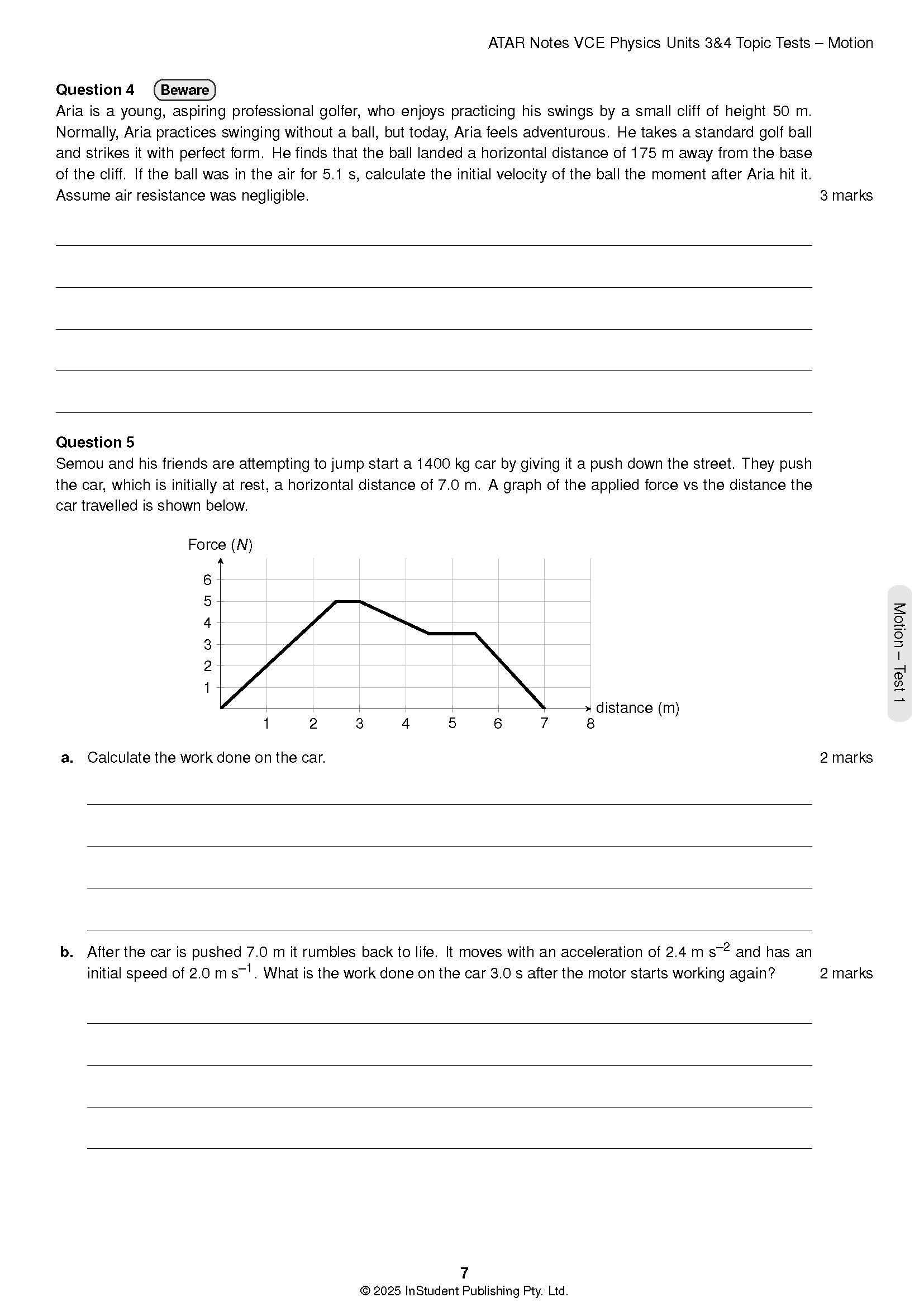 Physics Topic Tests page by ATAR Notes with projectile motion problem and force-distance graph.