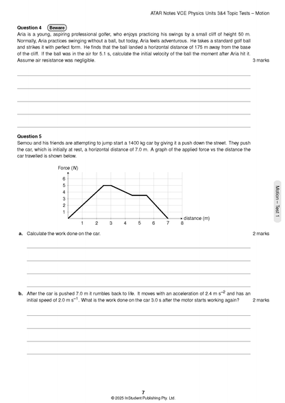 Physics Topic Tests page by ATAR Notes with projectile motion problem and force-distance graph.