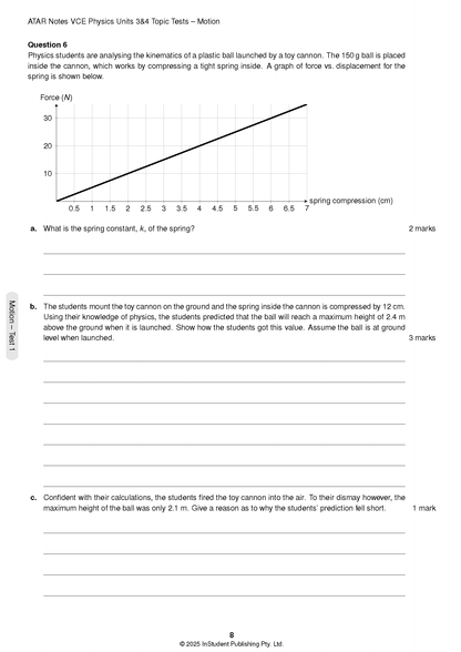 VCE Physics 3&4 Topic Test by ATAR Notes, showing a question page with a force-displacement graph.