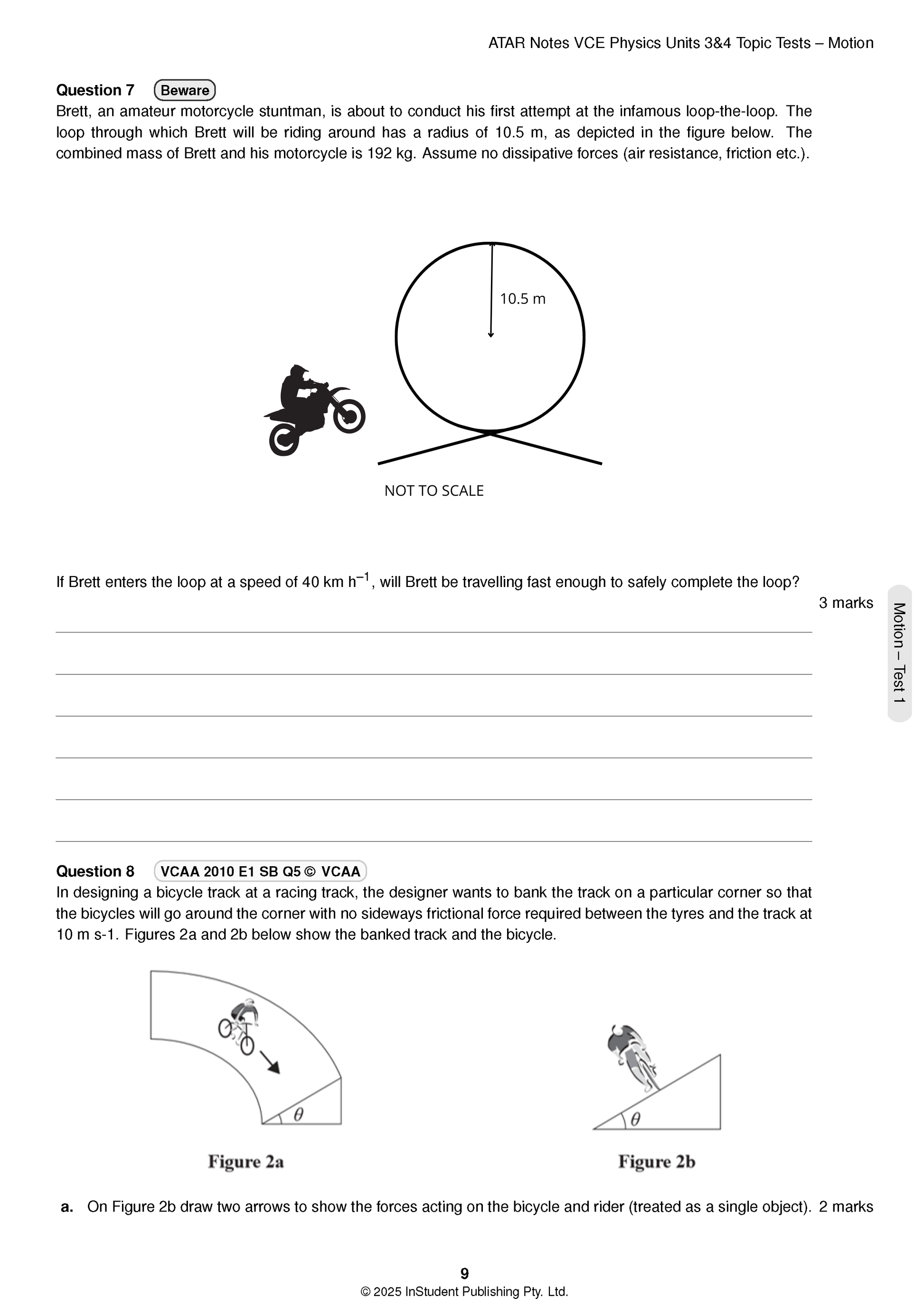 Physics Topic Tests by ATAR Notes VCE Physics 3&4 showing problems on motorcycle loop and banked bicycle track.
