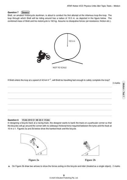 Physics Topic Tests by ATAR Notes VCE Physics 3&4 showing problems on motorcycle loop and banked bicycle track.