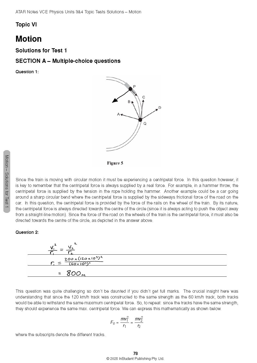 Physics Topic Test Solutions booklet page by ATAR Notes showing a circular motion diagram, centripetal force explanation, and radius calculation with a result of 800m.