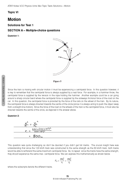Physics Topic Test Solutions booklet page by ATAR Notes showing a circular motion diagram, centripetal force explanation, and radius calculation with a result of 800m.
