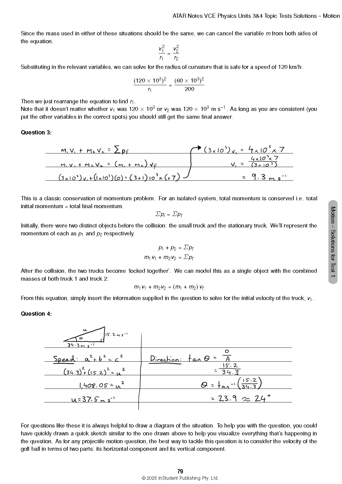 Printed Physics Topic Tests solution page by ATAR Notes, displaying handwritten calculations and diagrams for motion problems.