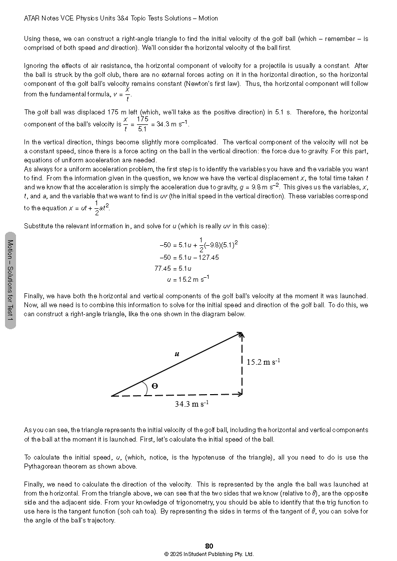Physics Topic Test page by ATAR Notes, detailing a projectile motion problem and solution with a vector diagram.