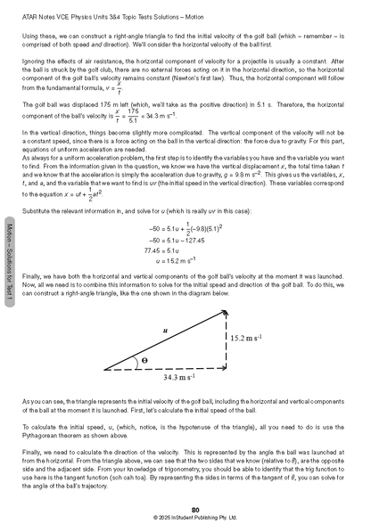 Physics Topic Test page by ATAR Notes, detailing a projectile motion problem and solution with a vector diagram.