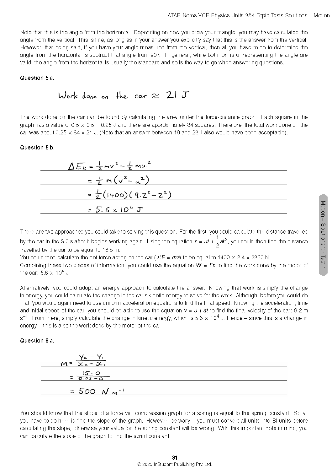 Solution page from ATAR Notes VCE Physics Topic Tests, displaying handwritten calculations and typed explanations.