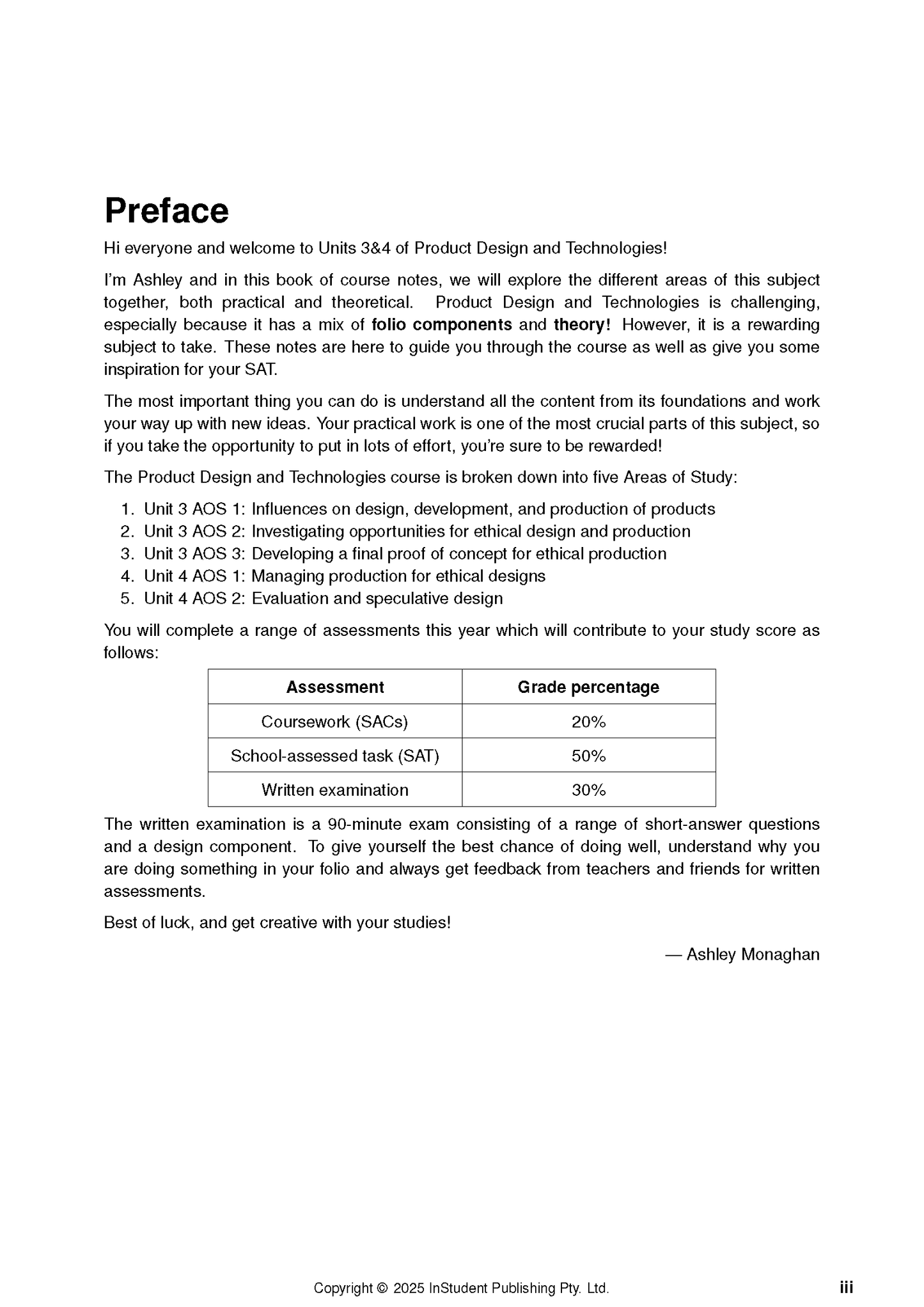 Course notes by ATAR Notes, displaying the 'Preface' page with subject overview and assessment breakdown.