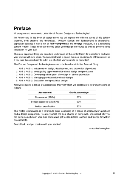 Course notes by ATAR Notes, displaying the 'Preface' page with subject overview and assessment breakdown.