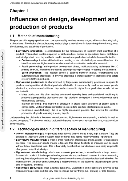 White page of Course Notes by ATAR Notes detailing manufacturing methods and technologies in Chapter 1.
