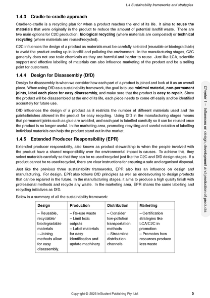 Course notes page with black text on white background by ATAR Notes, featuring sustainability frameworks and a summary table.