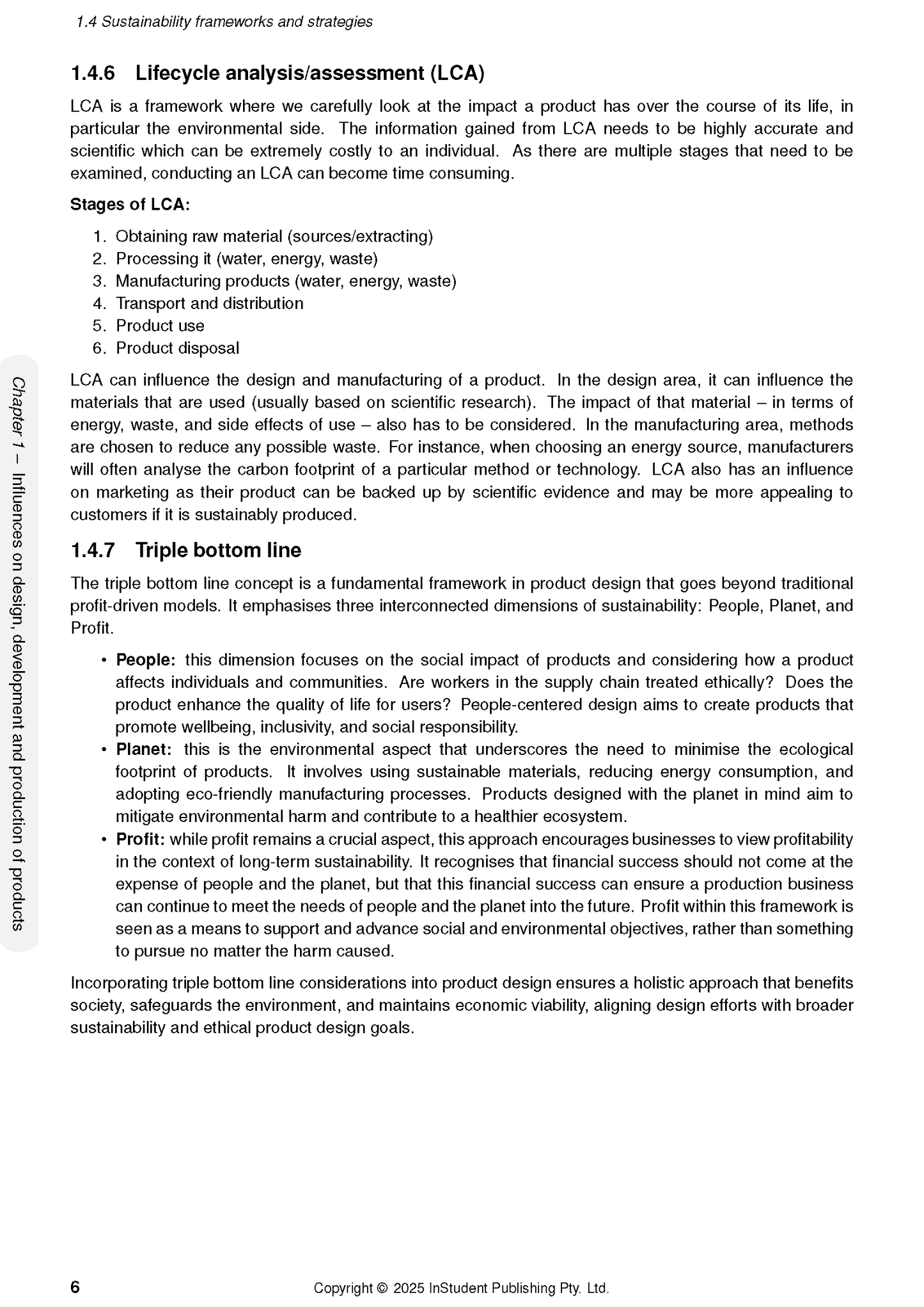VCE Product Design and Technology Course Notes by ATAR Notes, showing content on sustainability frameworks, lifecycle analysis, and the triple bottom line on page 6.