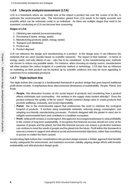 VCE Product Design and Technology Course Notes by ATAR Notes, showing content on sustainability frameworks, lifecycle analysis, and the triple bottom line on page 6.