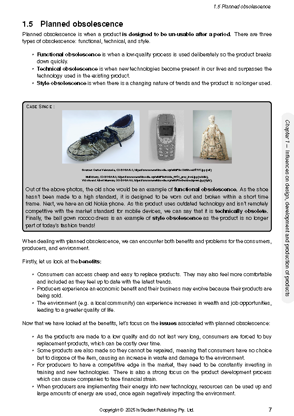 Course Notes page by ATAR Notes, detailing planned obsolescence with text, an old shoe, Nokia phone, and rococo dress photos.