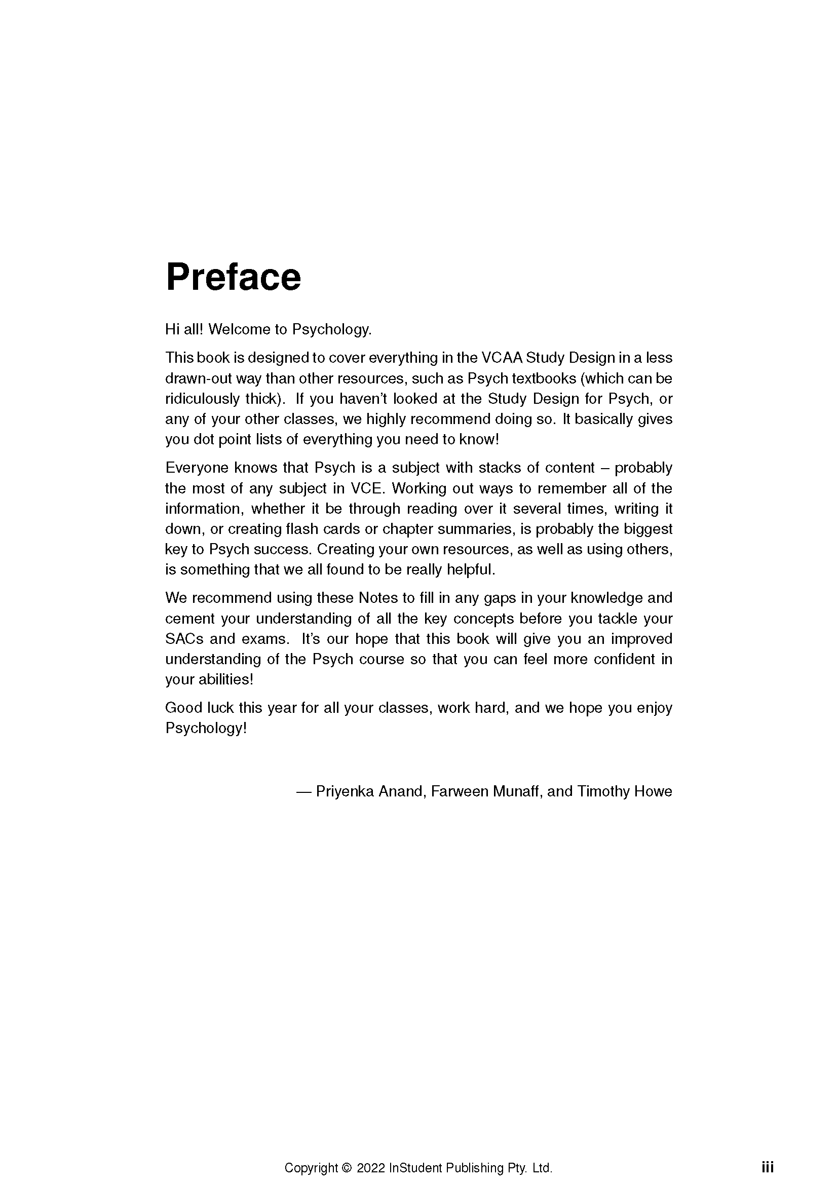 White VCE Psychology Course Notes by ATAR Notes, displaying the Preface page with black text.
