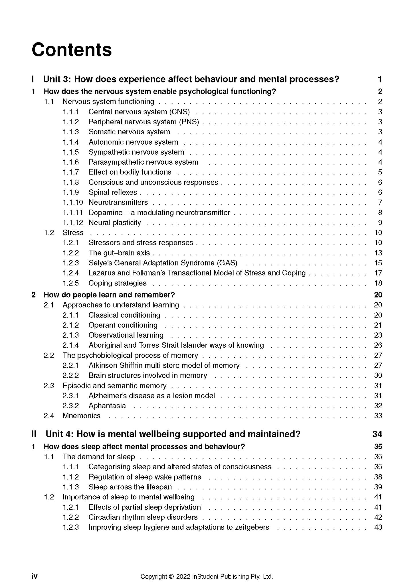 Course Notes by ATAR Notes showing a table of contents page for Psychology Units 3 & 4.