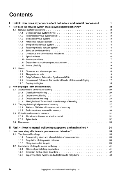 Course Notes by ATAR Notes showing a table of contents page for Psychology Units 3 & 4.