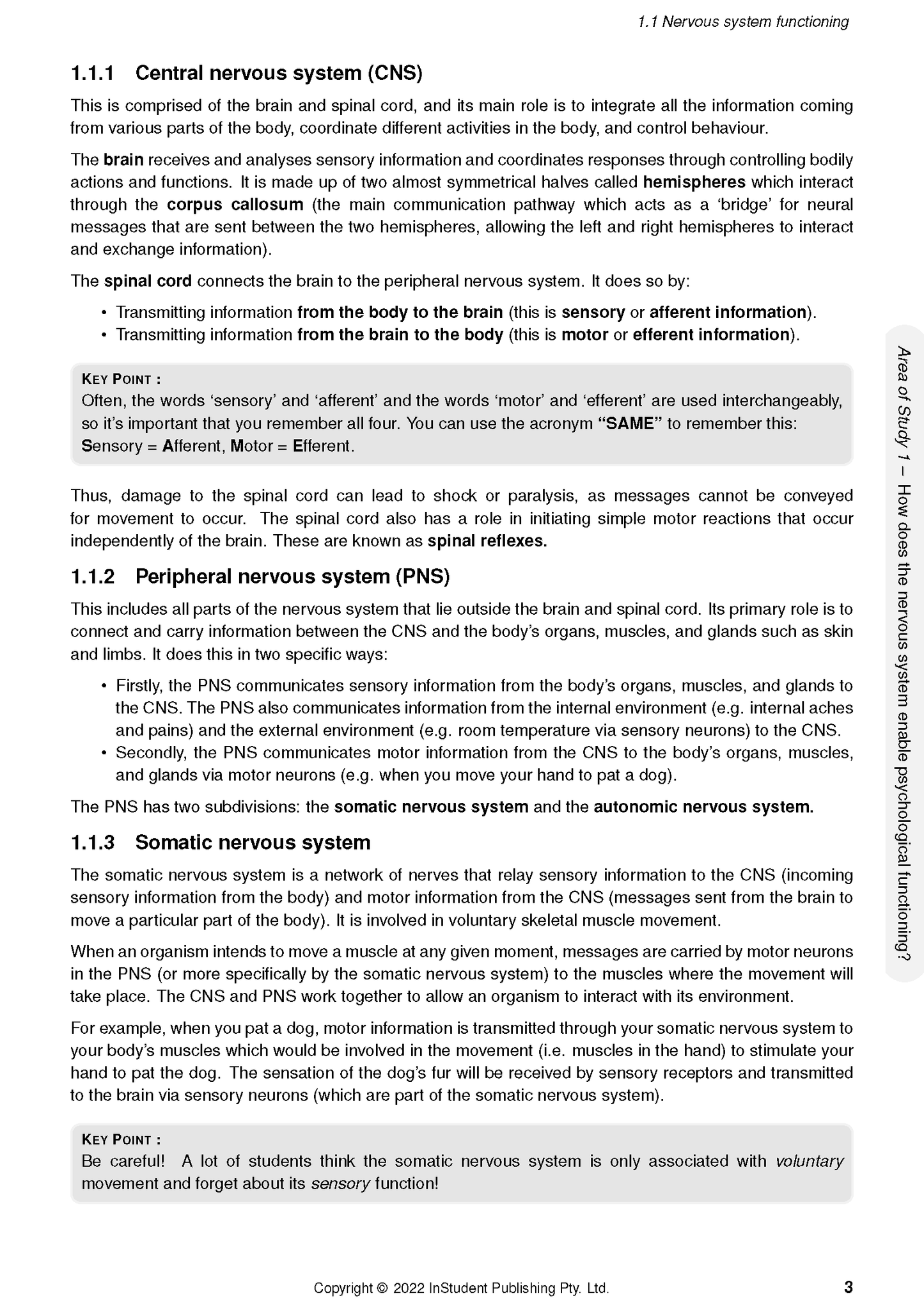 Page from psychology course notes by ATAR Notes, detailing central, peripheral, and somatic nervous systems.