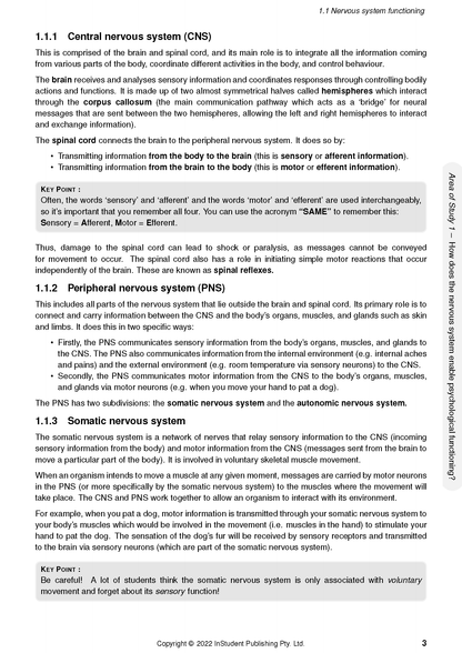 Page from psychology course notes by ATAR Notes, detailing central, peripheral, and somatic nervous systems.