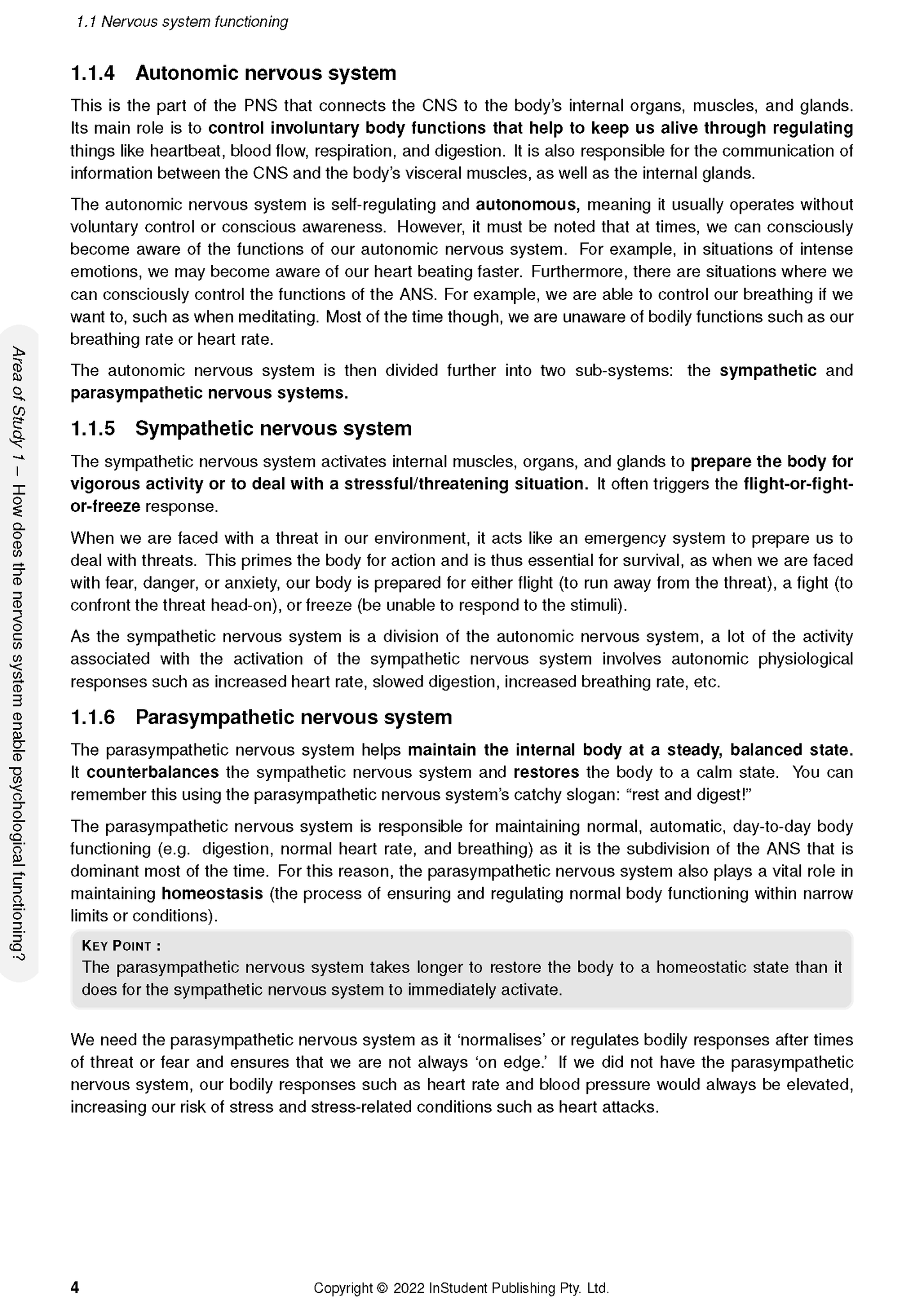 VCE Psychology Course Notes by ATAR Notes, a page displaying text and headers on nervous system functioning.