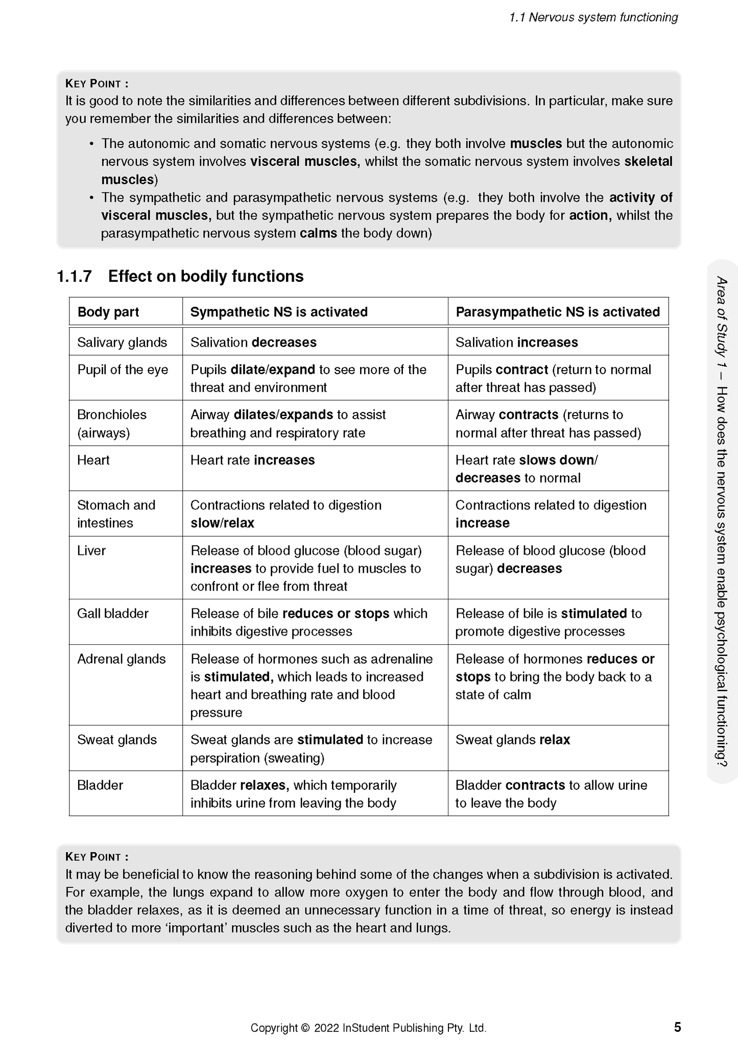 Page of course notes by ATAR Notes, detailing nervous system functioning with tables and key points.