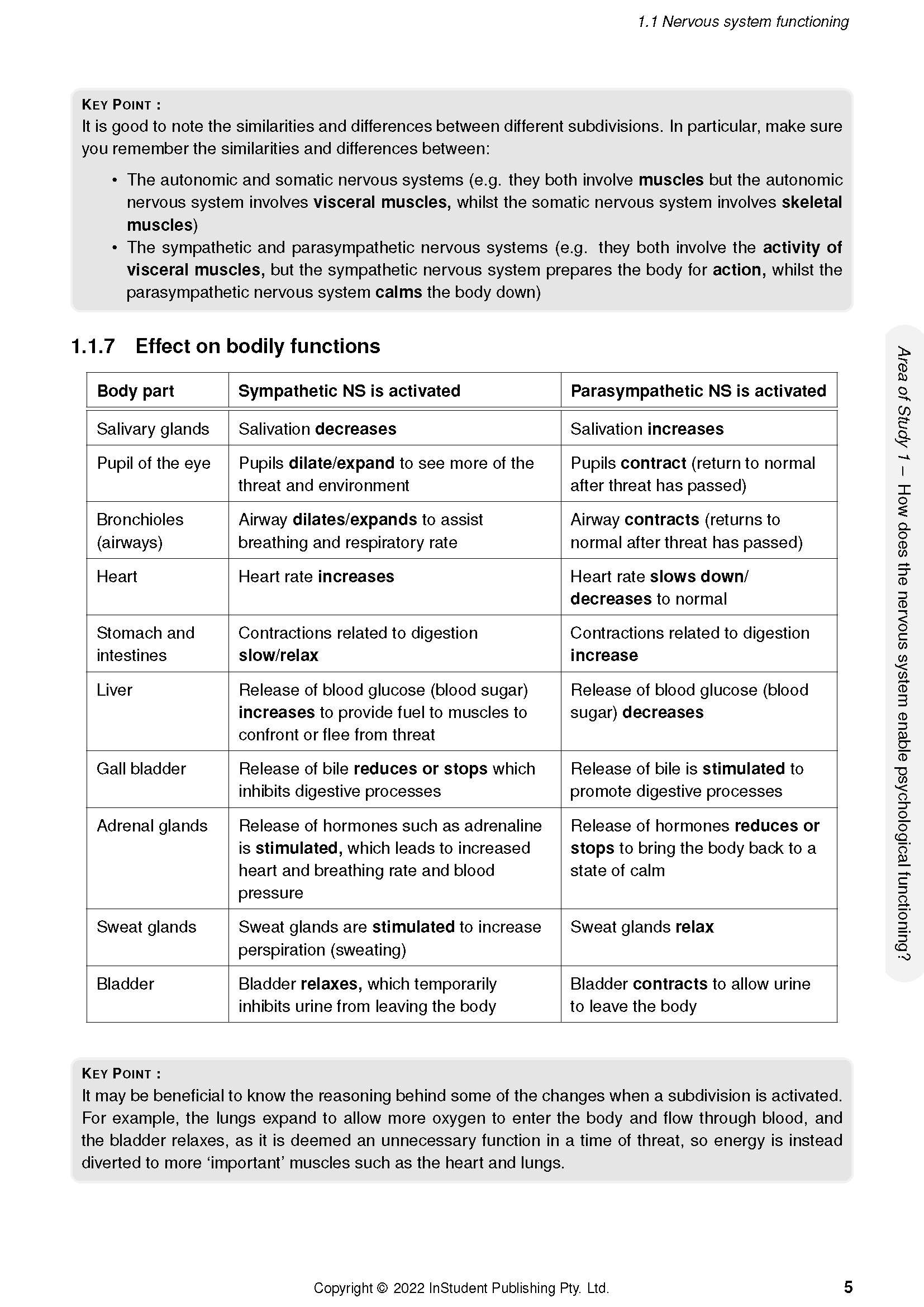 Page of course notes by ATAR Notes, detailing nervous system functioning with tables and key points.