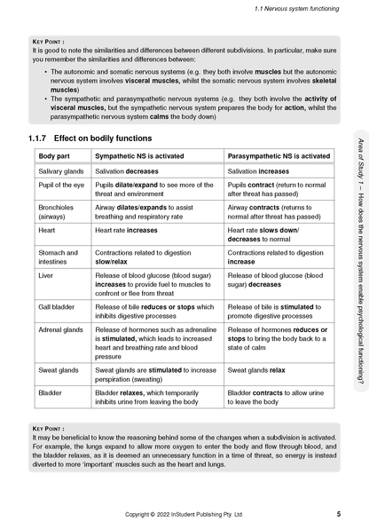 Page of course notes by ATAR Notes, detailing nervous system functioning with tables and key points.