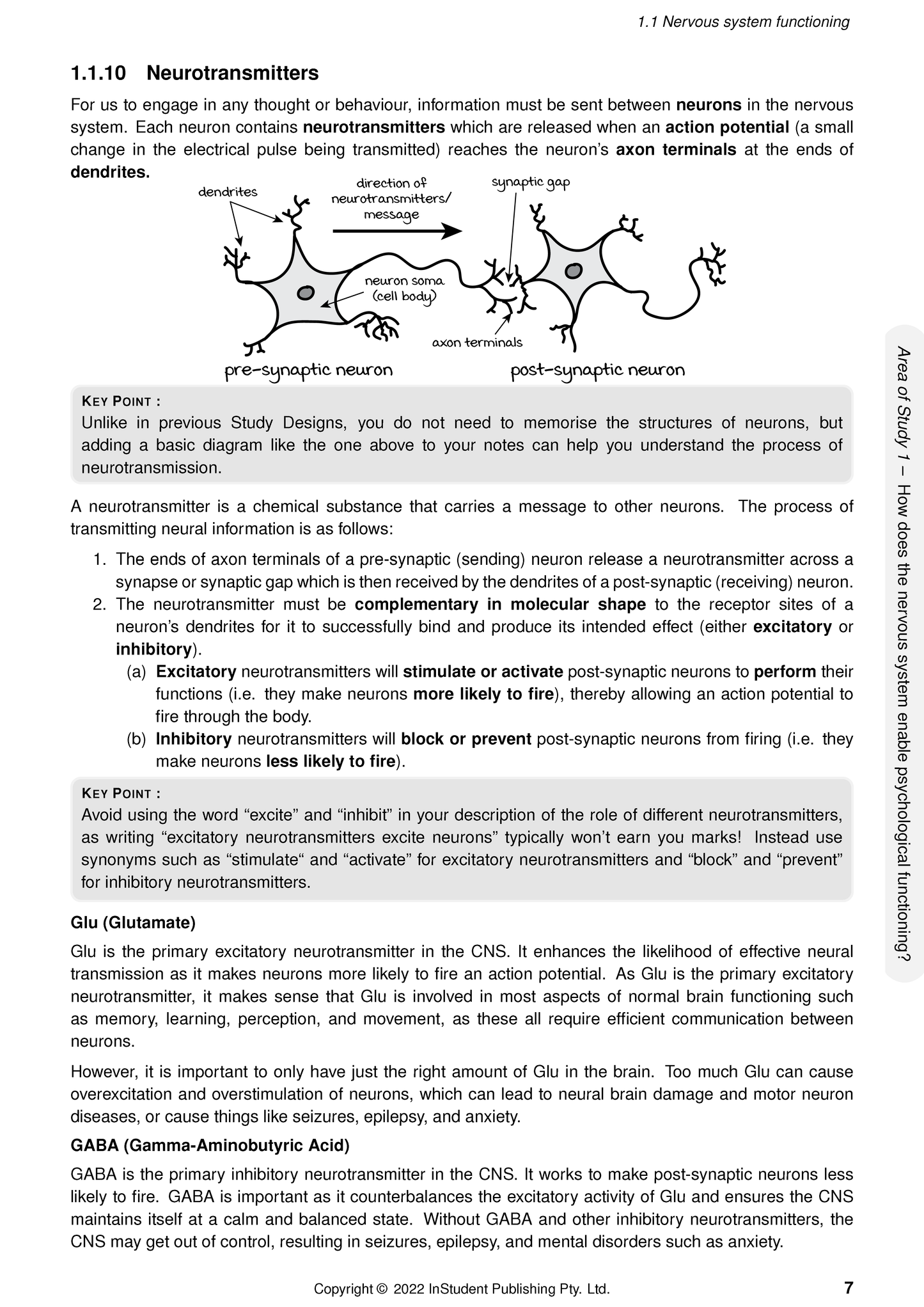 VCE Psychology 3&4 Complete Course Notes by ATAR Notes, showing a detailed white page on neurotransmitters with a neuron diagram and sidebar.