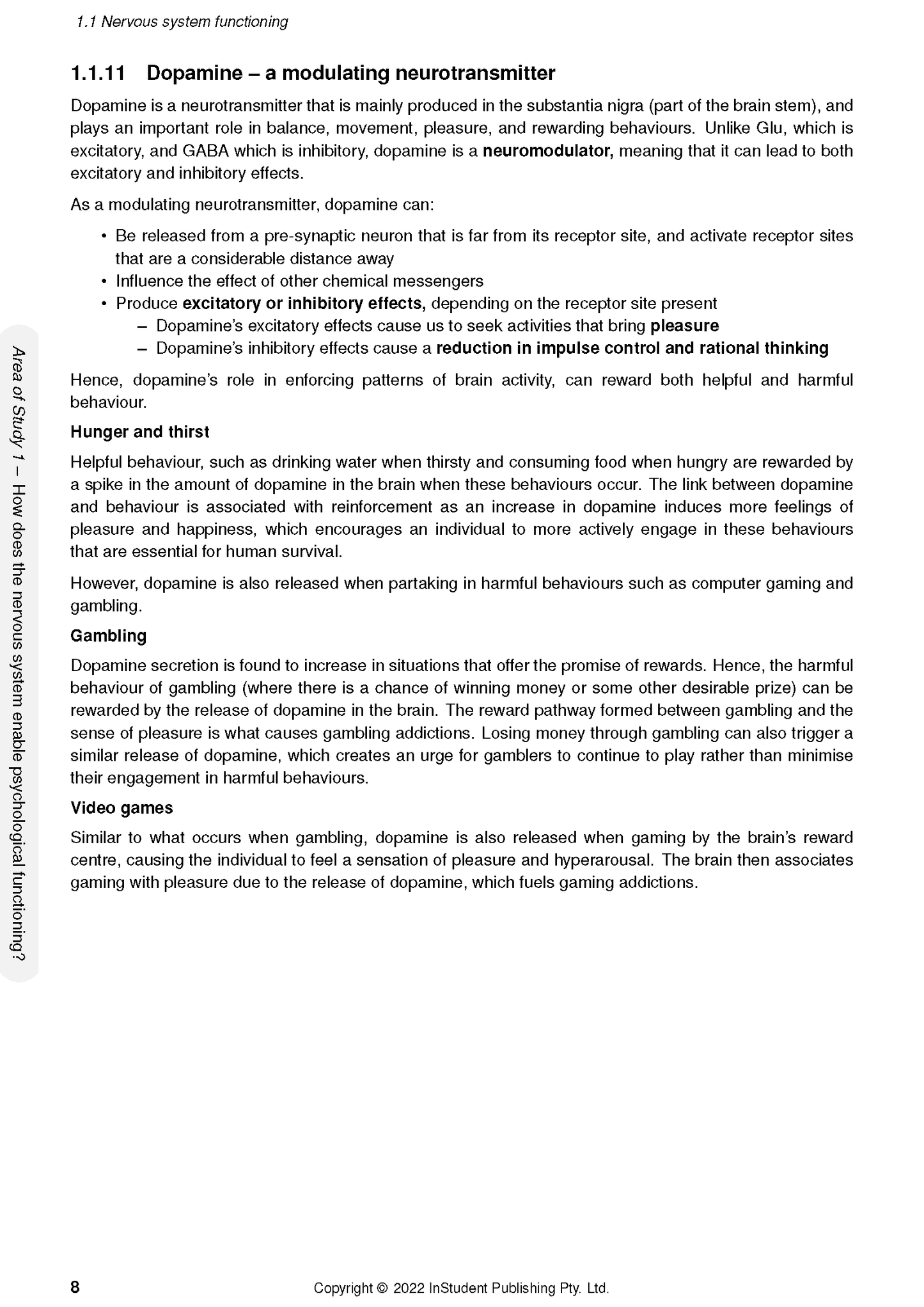 Course notes page with detailed text by ATAR Notes, showing sections on nervous system functioning, dopamine, hunger, and gambling.