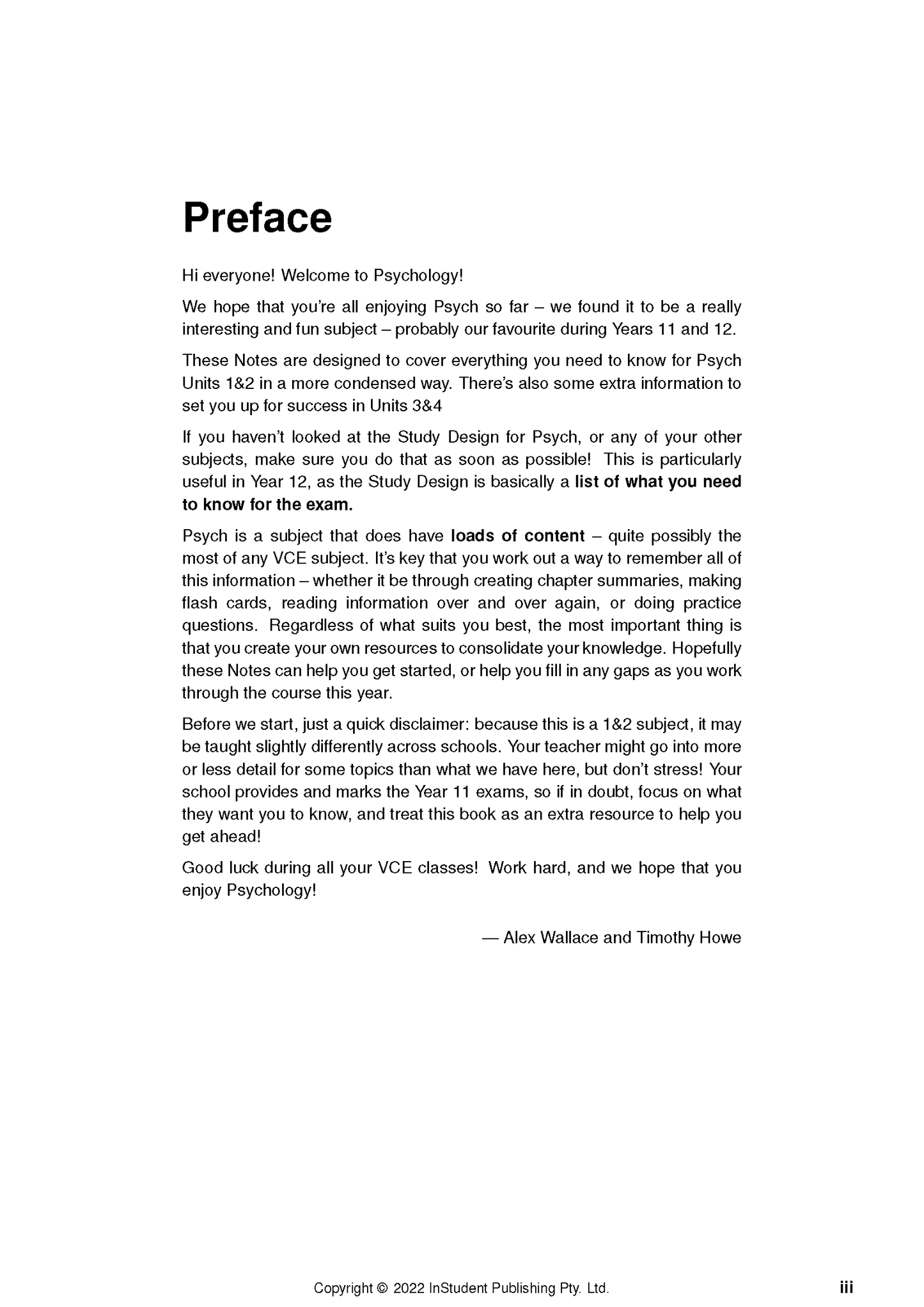 VCE Psychology Course Notes page by ATAR Notes, featuring the introductory preface.