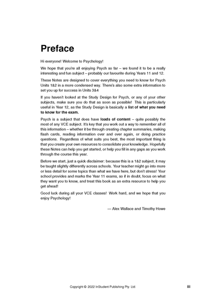 VCE Psychology Course Notes page by ATAR Notes, featuring the introductory preface.