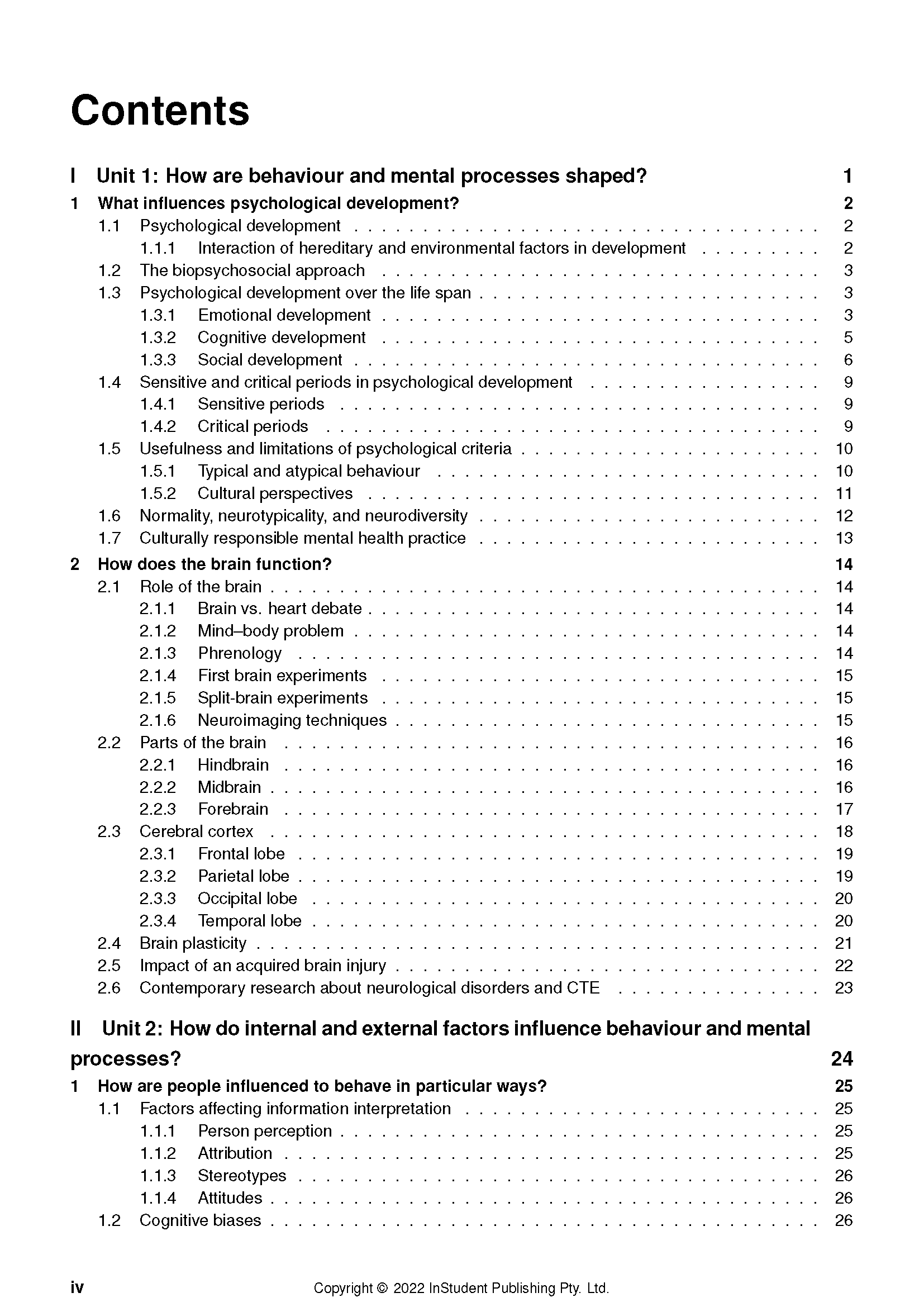 VCE Psychology Course Notes by ATAR Notes displaying a detailed table of contents with headings and page numbers.