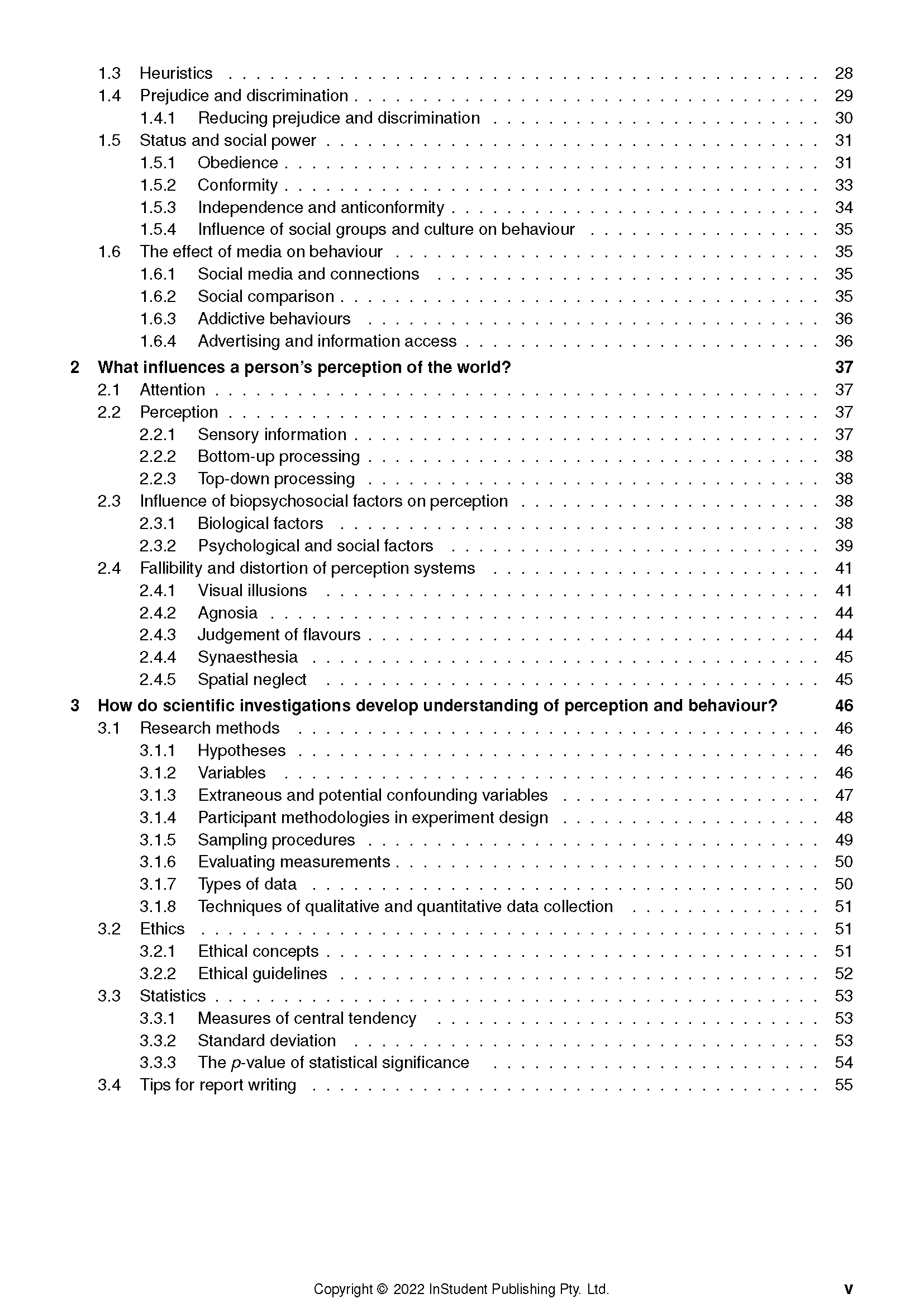 VCE Psychology Complete Course Notes by ATAR Notes, open to a page showing the table of contents with section numbers.
