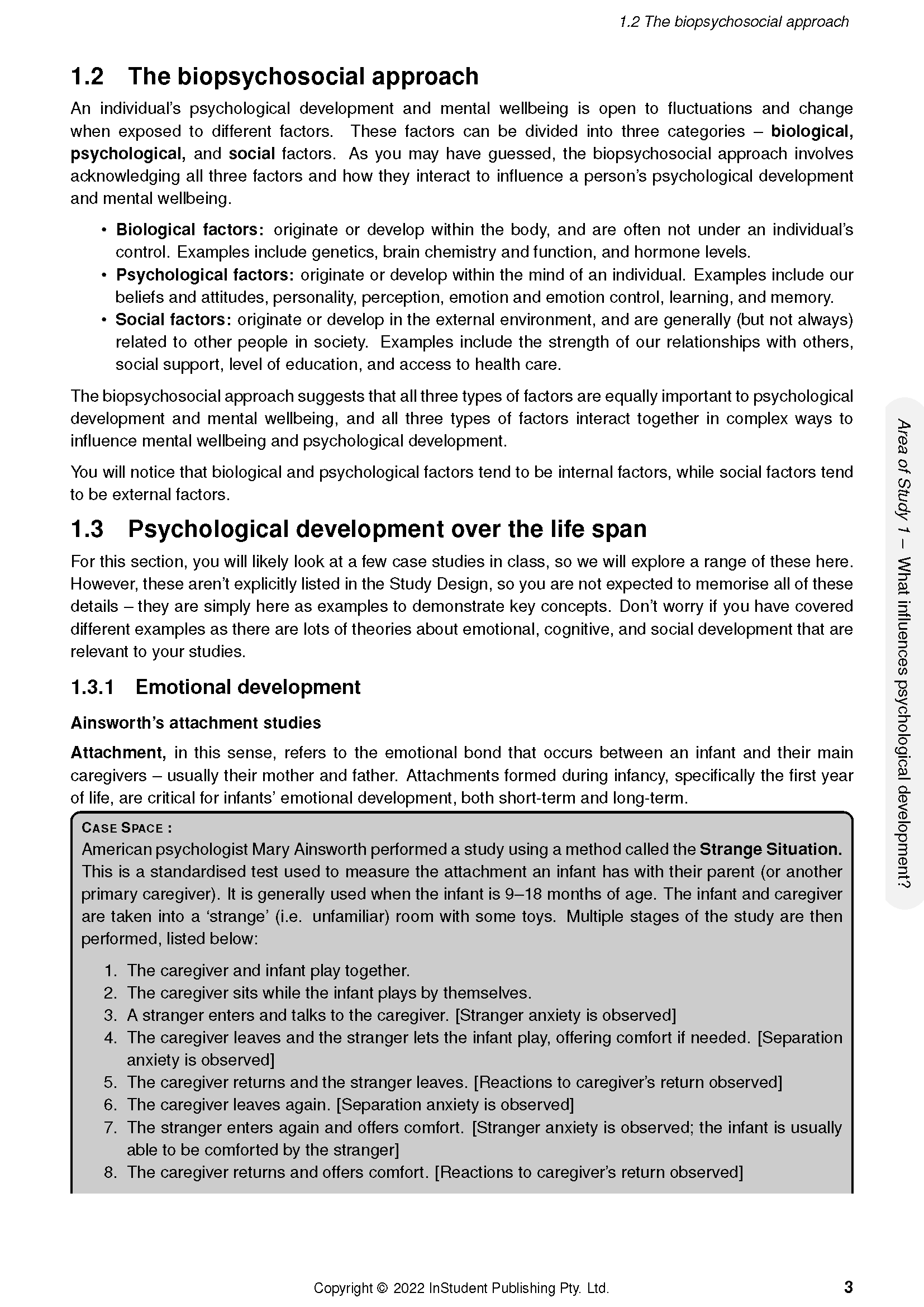 VCE Psychology 1&2 Complete Course Notes by ATAR Notes, featuring a page detailing the biopsychosocial approach and Ainsworth's attachment studies.