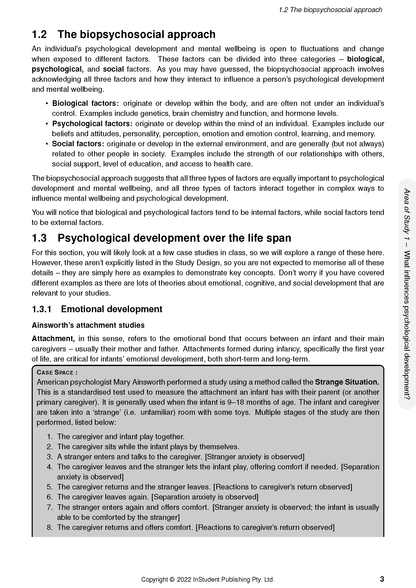 VCE Psychology 1&2 Complete Course Notes by ATAR Notes, featuring a page detailing the biopsychosocial approach and Ainsworth's attachment studies.