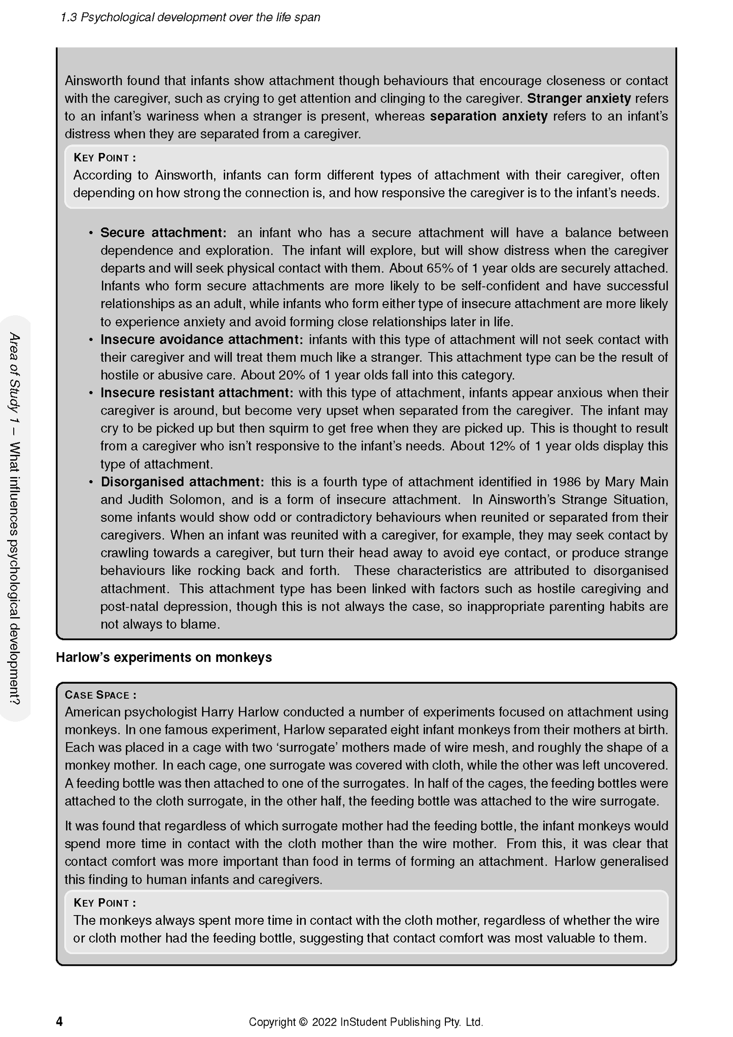 Complete Psychology Course Notes by ATAR Notes, showing a page detailing Ainsworth's attachment theory and Harlow's experiments.