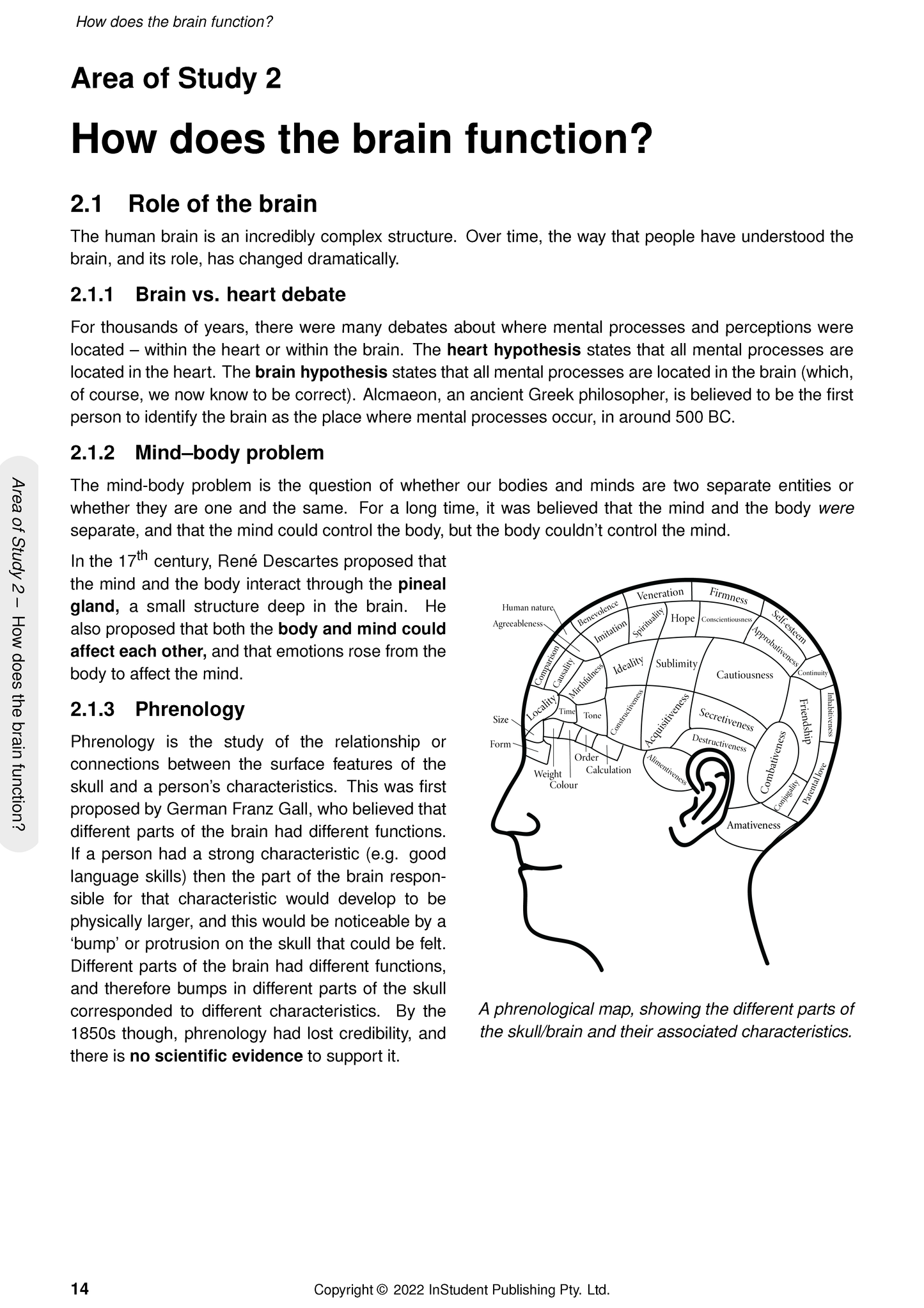 Course notes page by ATAR Notes, showing sections on brain function, mind-body problem, and a phrenological map diagram.