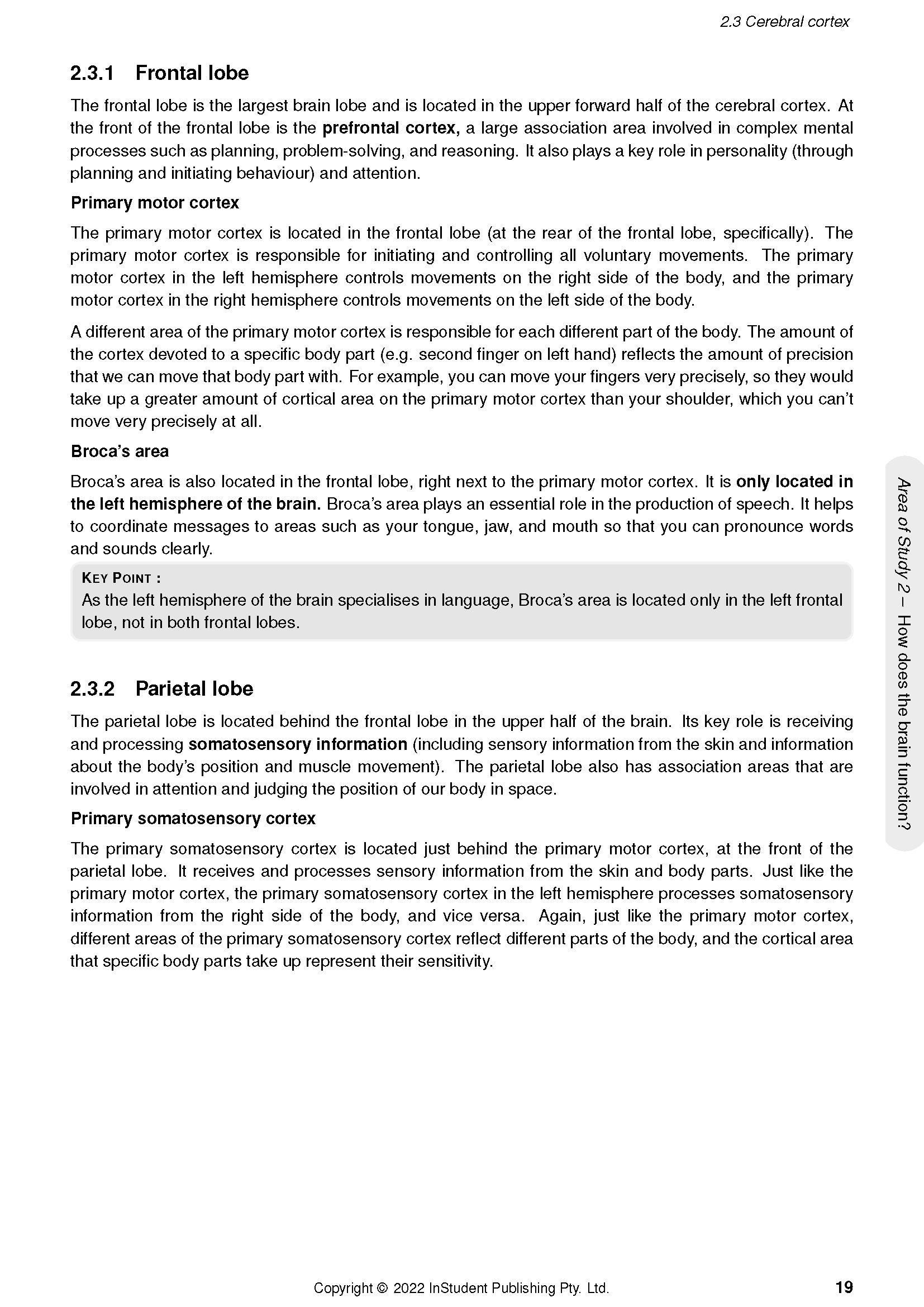 VCE Psychology 1&2 Course Notes by ATAR Notes, displaying a page about the Cerebral Cortex, Frontal Lobe, and Broca's Area.