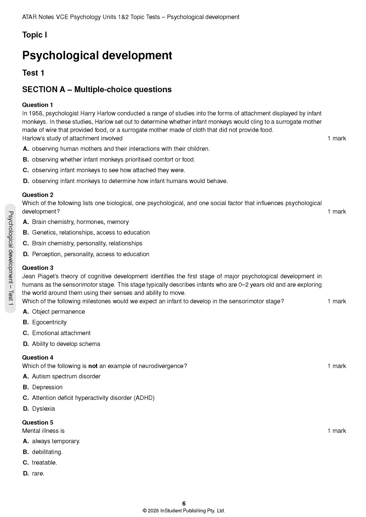 ATAR Notes VCE Psychology 1&2 Topic Tests (2027-2029)