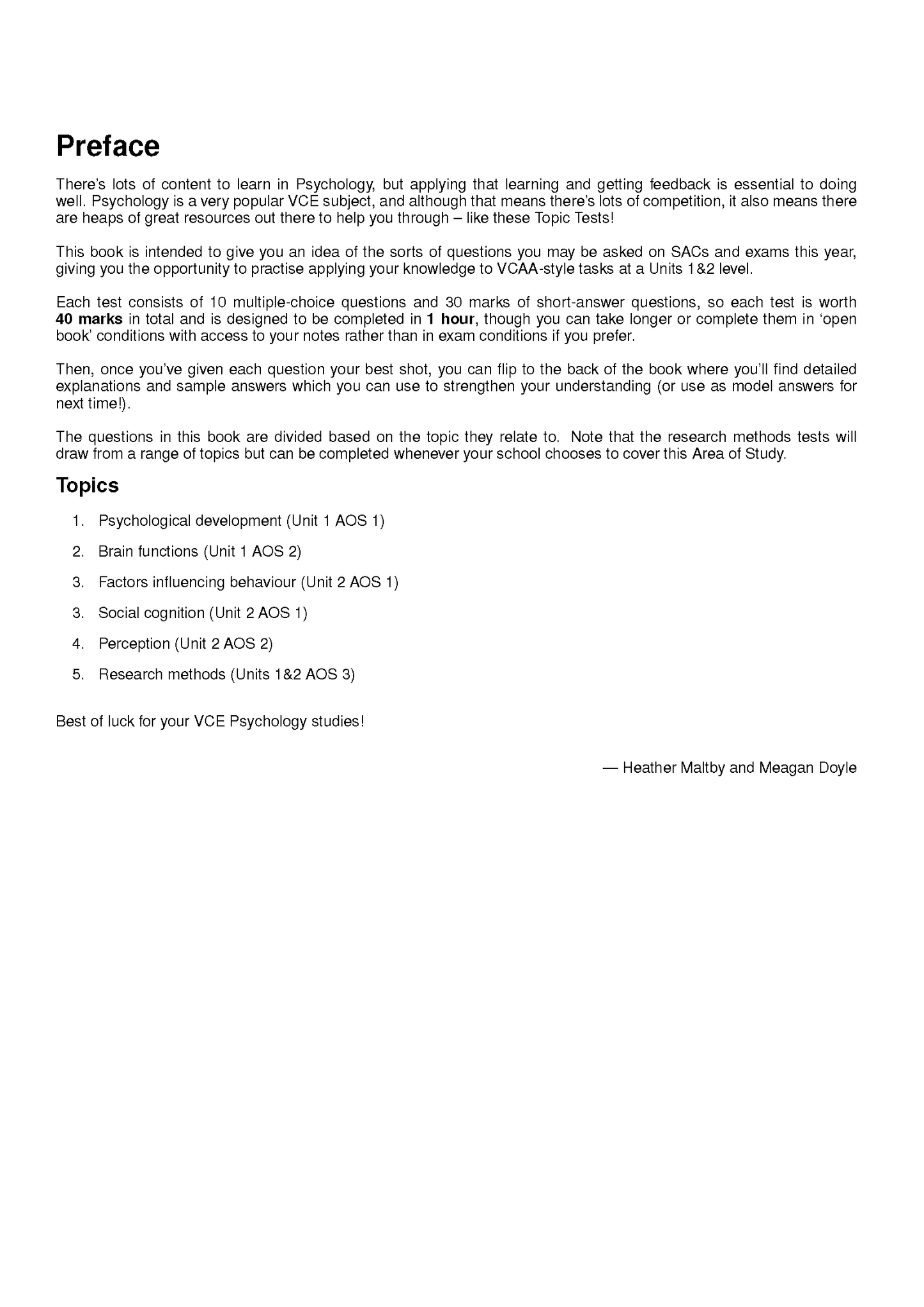 Psychology Topic Tests by ATAR Notes, showing the Preface and list of topics in black text on a white page.