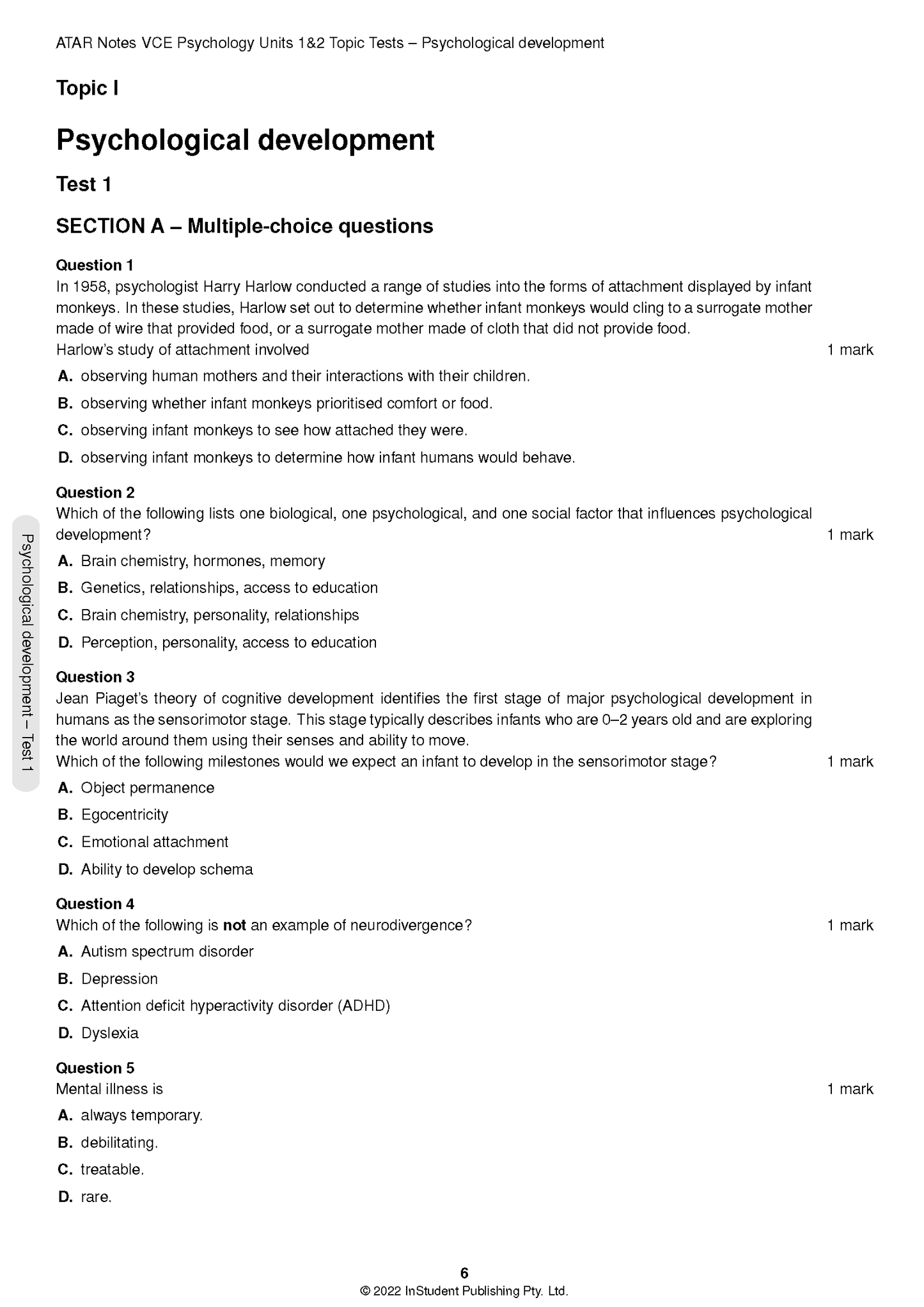 Printed VCE Psychology Topic Tests by ATAR Notes, showing a test page on psychological development with multiple-choice questions.