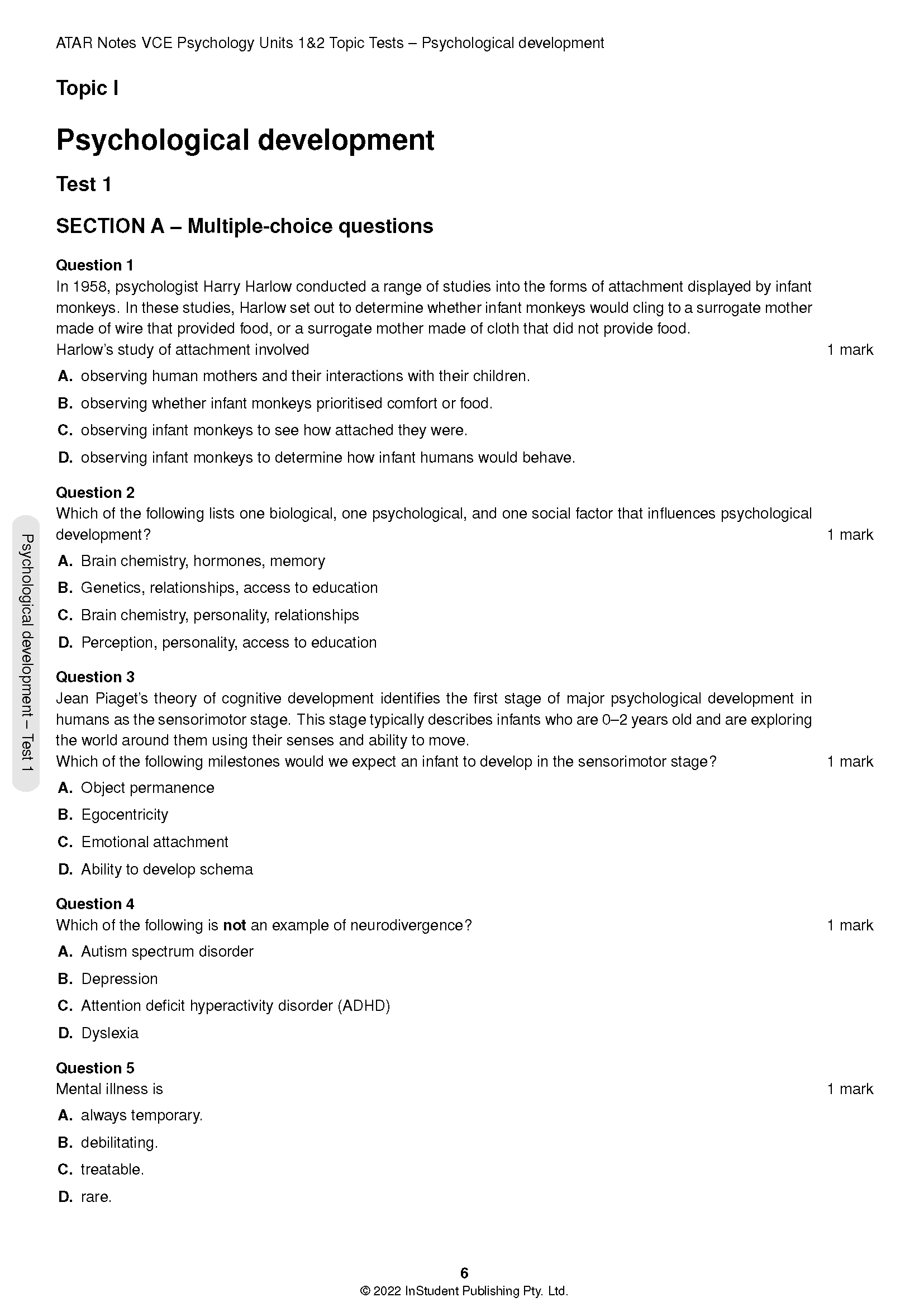Printed VCE Psychology Topic Tests by ATAR Notes, showing a test page on psychological development with multiple-choice questions.
