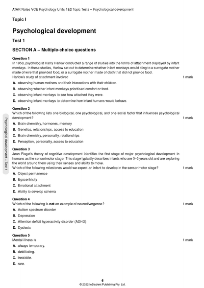 Printed VCE Psychology Topic Tests by ATAR Notes, showing a test page on psychological development with multiple-choice questions.