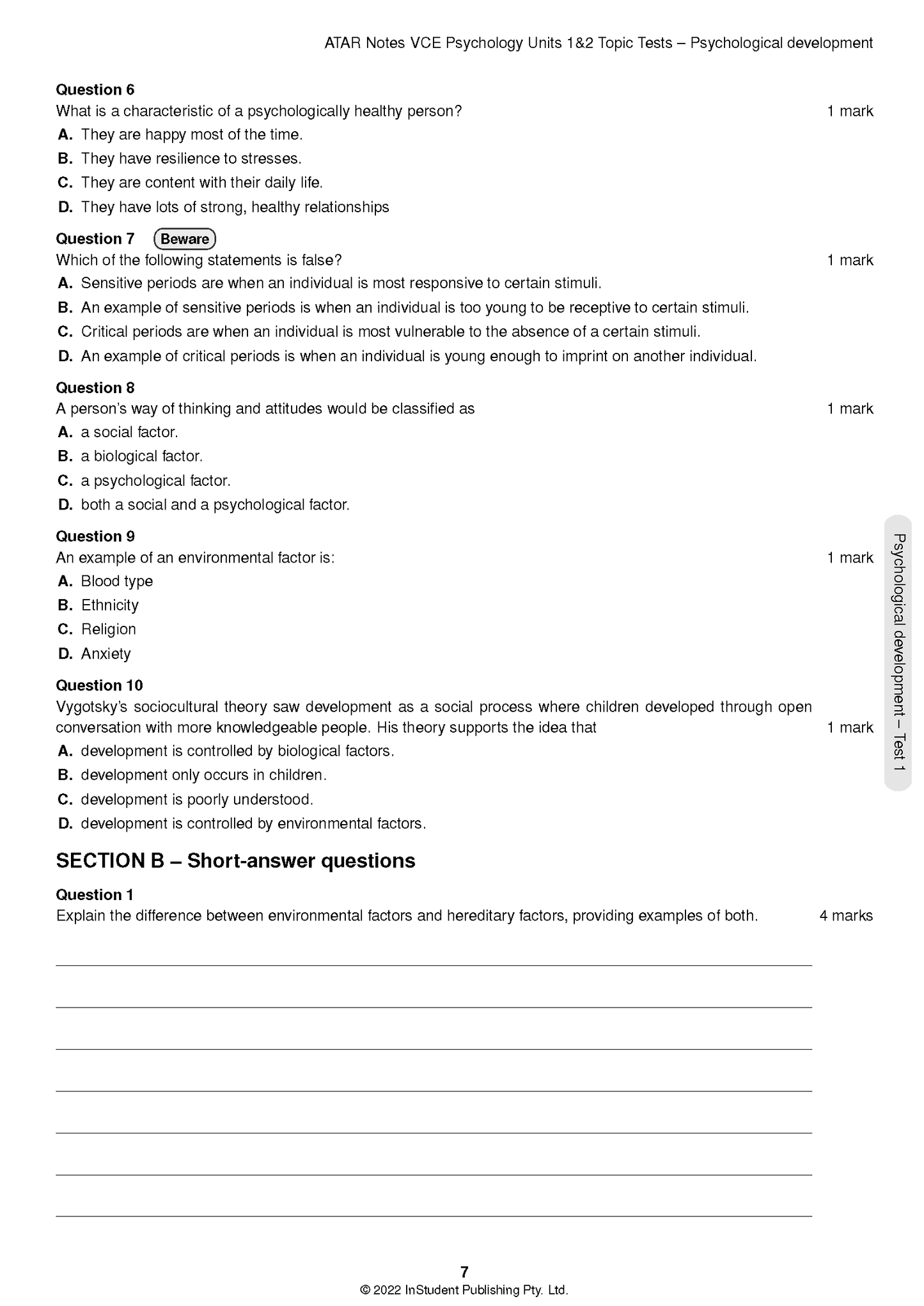 Psychology Topic Tests for VCE Units 1&2 from ATAR Notes, a printed page for 'Psychological development' showing questions.