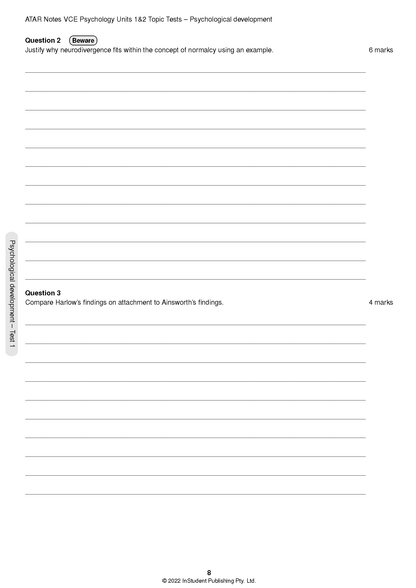 VCE Psychology Units 1&2 topic test page by ATAR Notes showing two questions and blank lines.
